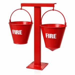 Red double fire bucket stand with two hanging buckets marked FIRE