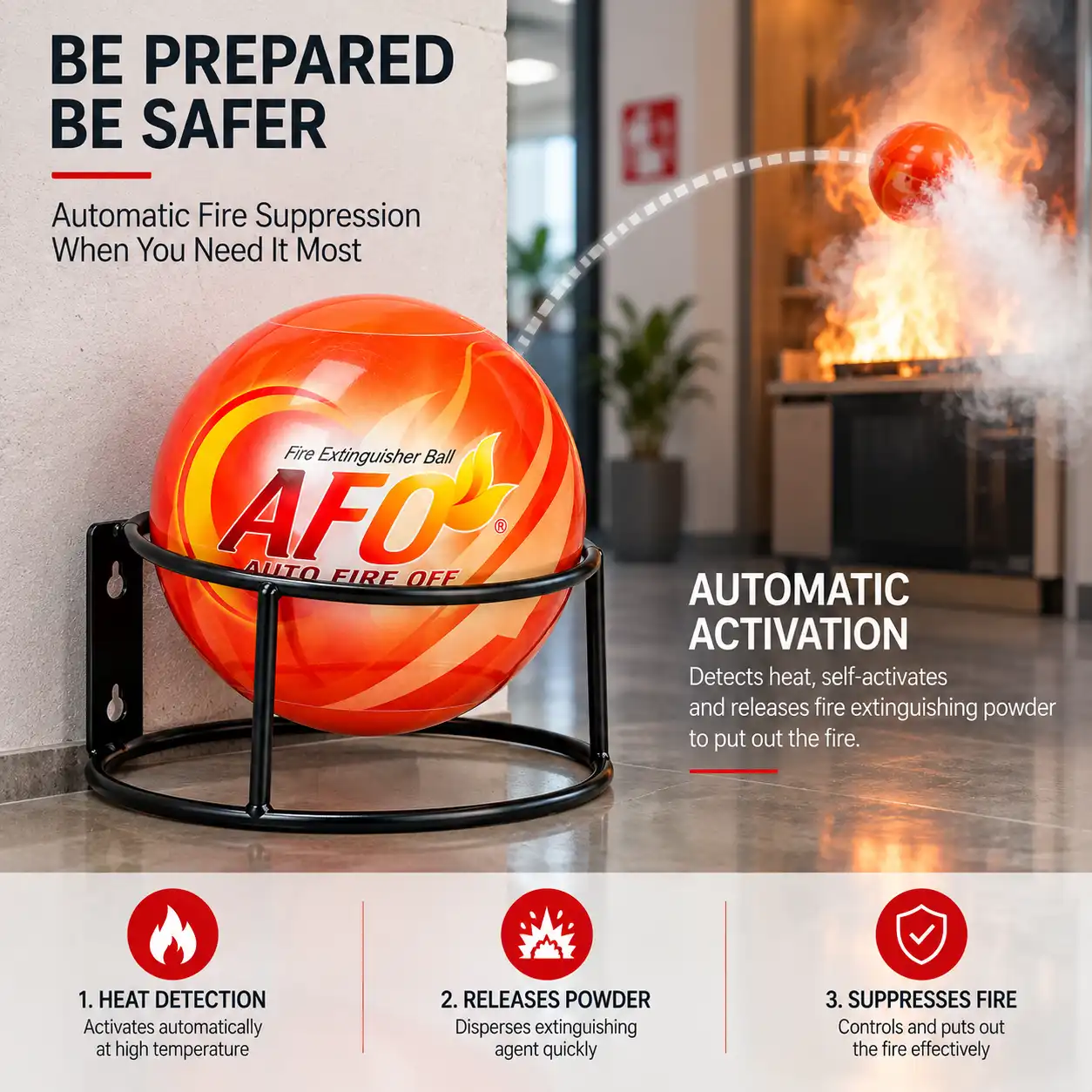 AFO Fire Extinguisher Ball Features & Holder AFO fire extinguisher ball infographic with metal holder and wall-mounting design