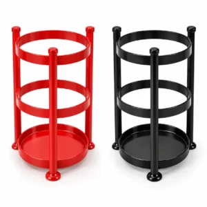 Red double fire bucket stand with two hanging buckets marked FIRE